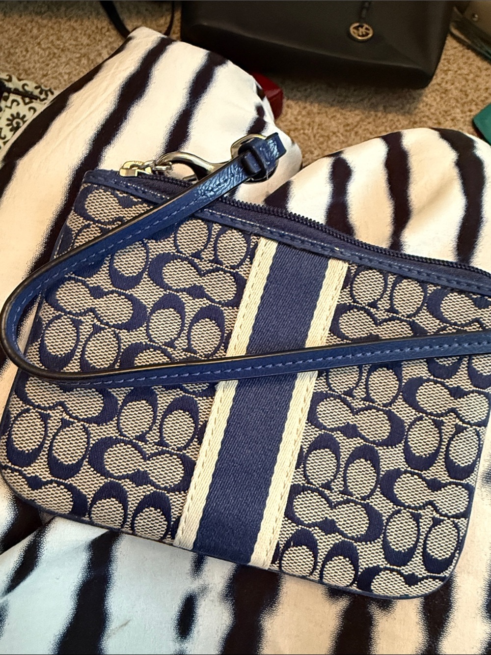 Coach Blue Signature Canvas Wristlet with Cream Stripes